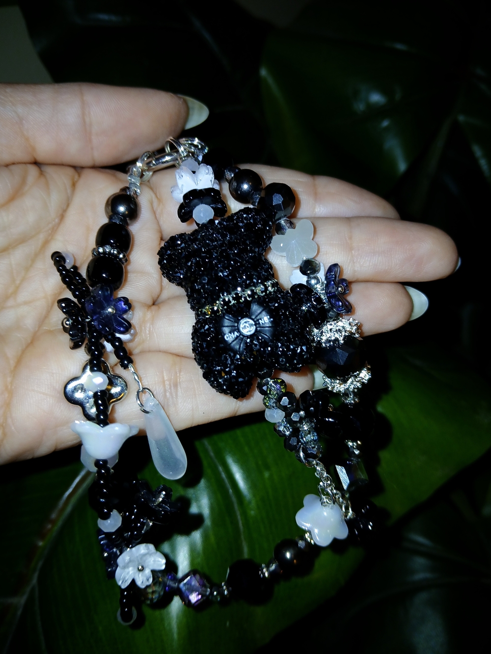 Black Beaded Floral And Teddy Charm For Phone Or Purse